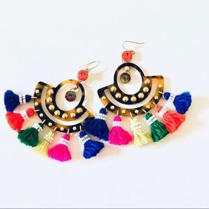 J. Crew Tortoise Multi-color Rainbow Tassel Chandelier Earrings NWT